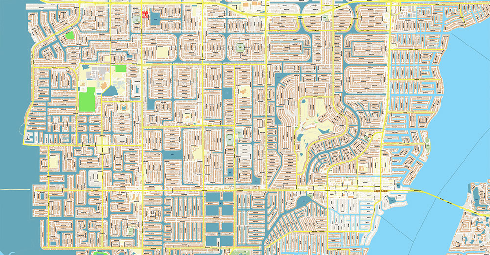 Cape Coral + Fort Myers Florida US Map Vector City Plan High Detailed Street Map editable Adobe Illustrator in layers