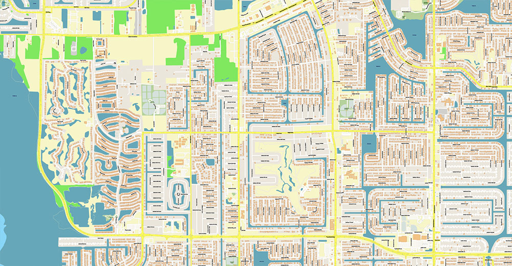 Cape Coral + Fort Myers Florida US Map Vector City Plan High Detailed Street Map editable Adobe Illustrator in layers