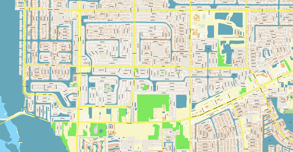 Cape Coral + Fort Myers Florida US Map Vector City Plan High Detailed Street Map editable Adobe Illustrator in layers