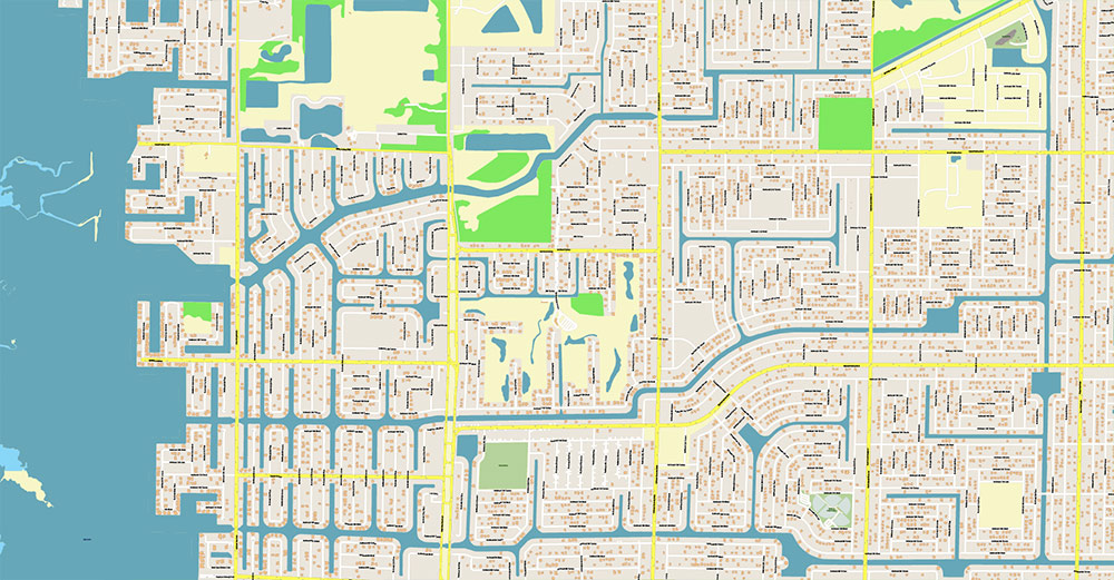 Cape Coral + Fort Myers Florida US Map Vector City Plan High Detailed Street Map editable Adobe Illustrator in layers