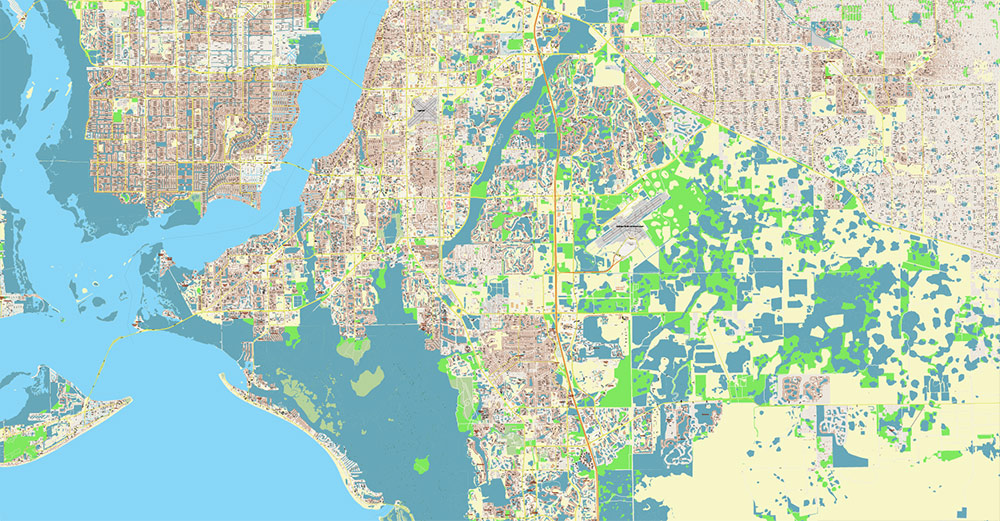 Cape Coral + Fort Myers Florida US Map Vector City Plan High Detailed Street Map editable Adobe Illustrator in layers