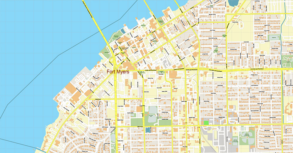 Cape Coral + Fort Myers Florida US Map Vector City Plan High Detailed Street Map editable Adobe Illustrator in layers