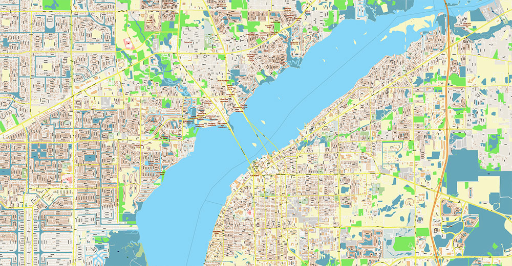 Cape Coral + Fort Myers Florida US Map Vector City Plan High Detailed Street Map editable Adobe Illustrator in layers
