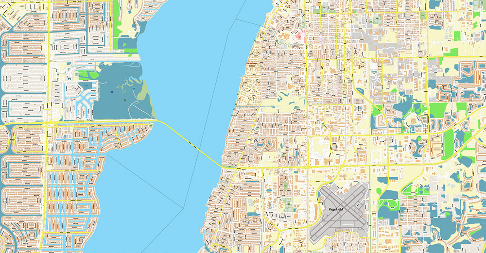 Cape Coral + Fort Myers Florida US Map Vector City Plan High Detailed Street Map editable Adobe Illustrator in layers