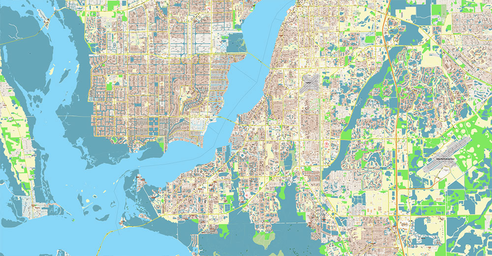 Cape Coral + Fort Myers Florida US Map Vector City Plan High Detailed Street Map editable Adobe Illustrator in layers