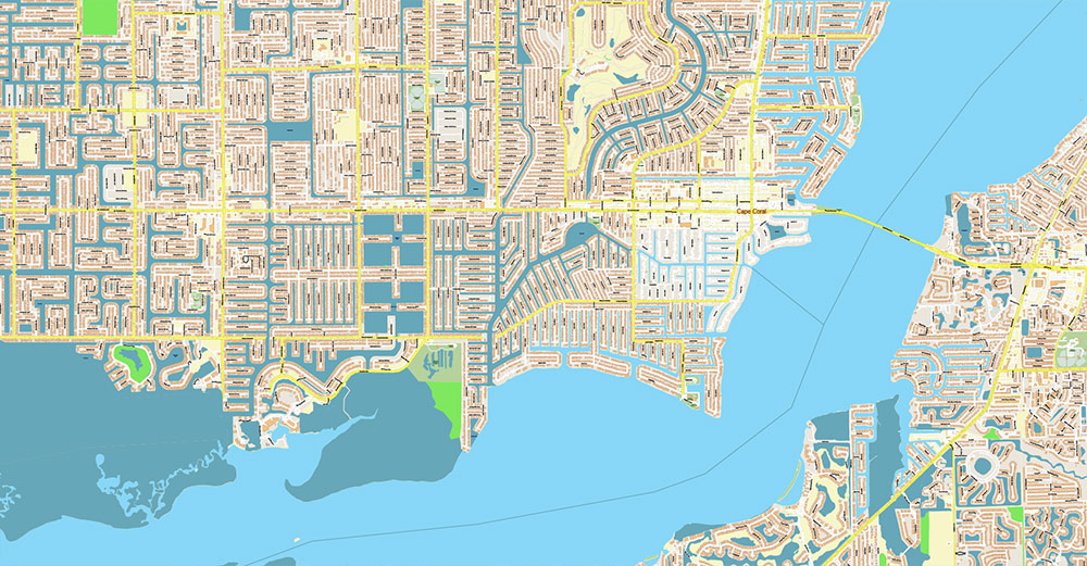 Cape Coral + Fort Myers Florida US Map Vector City Plan High Detailed Street Map editable Adobe Illustrator in layers