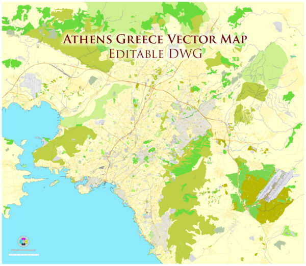 Athens, Greece, printable DWG vector street City Plan map, fully editable, in DWG + Adobe PDF