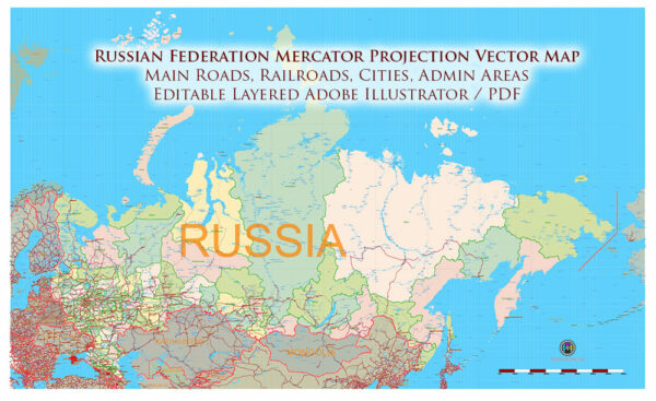 Russia Vector Map high detailed road map + admin areas + cities and main roads and railroads, water objects editable Layered Adobe Illustrator (English) Russia Vector Map high detailed road map + admin areas + cities and main roads and railroads, water objects editable Layered Adobe Illustrator (English)