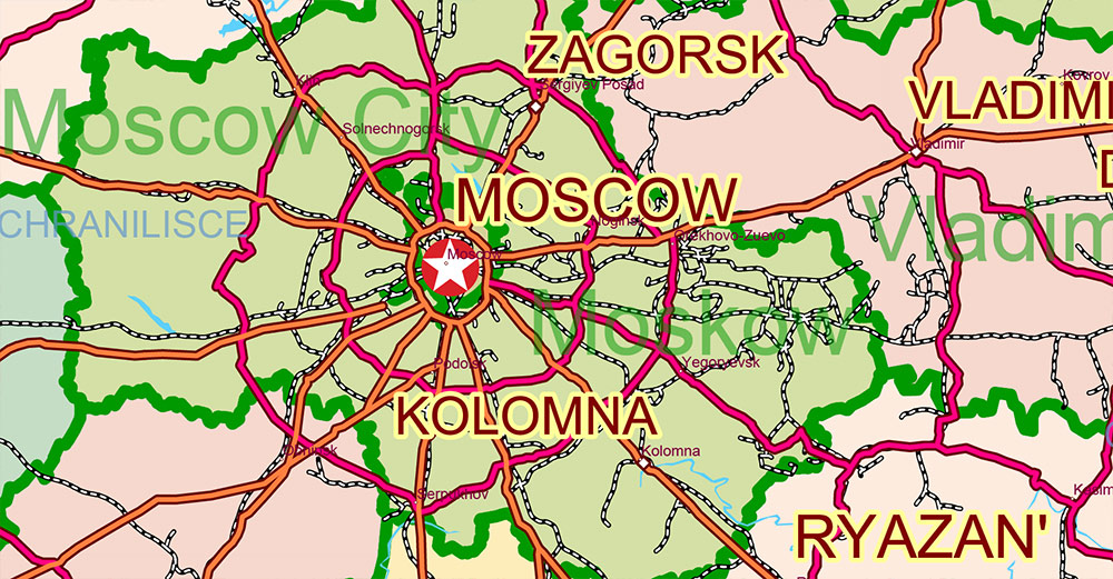 Russia Vector Map high detailed road map + admin areas + cities and main roads and railroads, water objects editable Layered Adobe Illustrator (English)
