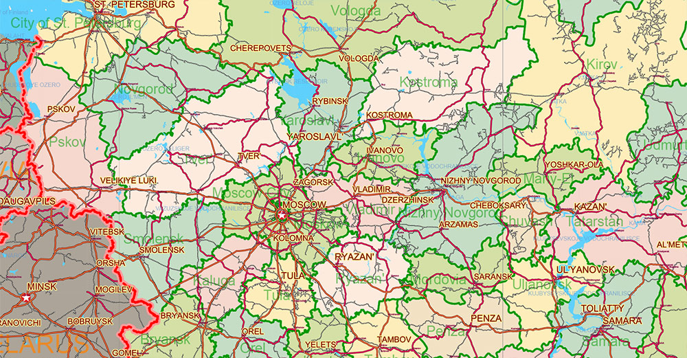Russia Vector Map high detailed road map + admin areas + cities and main roads and railroads, water objects editable Layered Adobe Illustrator (English)