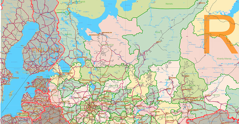 Russia Vector Map high detailed road map + admin areas + cities and main roads and railroads, water objects editable Layered Adobe Illustrator (English)