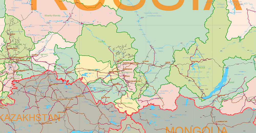 Russia Vector Map high detailed road map + admin areas + cities and main roads and railroads, water objects editable Layered Adobe Illustrator (English)