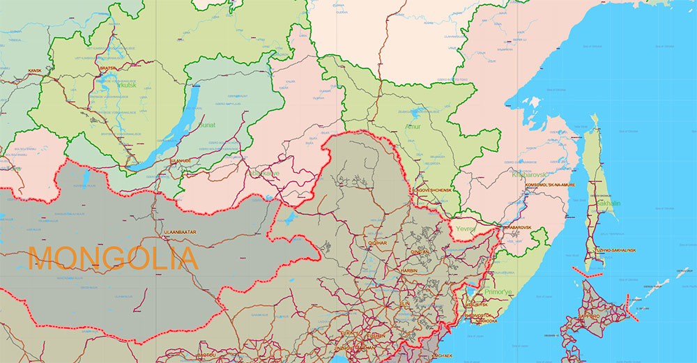 Russia Vector Map high detailed road map + admin areas + cities and main roads and railroads, water objects editable Layered Adobe Illustrator (English)