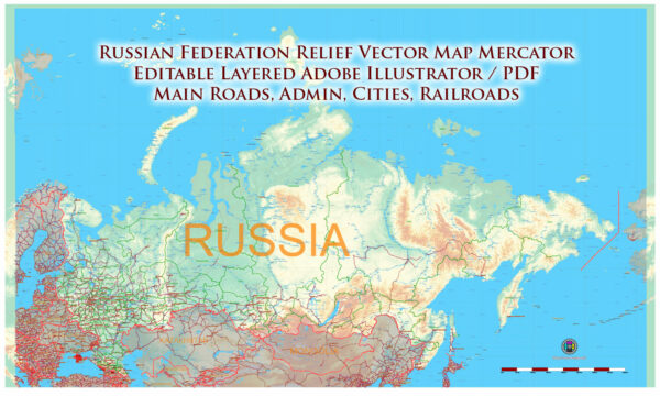 Russia Vector Map high detailed road map + Relief + admin areas + cities and main roads and railroads, water objects editable Layered Adobe Illustrator (English) Russia Vector Map high detailed road map + Relief + admin areas + cities and main roads and railroads, water objects editable Layered Adobe Illustrator (English)