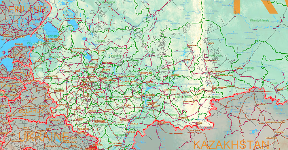 Russia Vector Map high detailed road map + Relief + admin areas + cities and main roads and railroads, water objects editable Layered Adobe Illustrator (English)