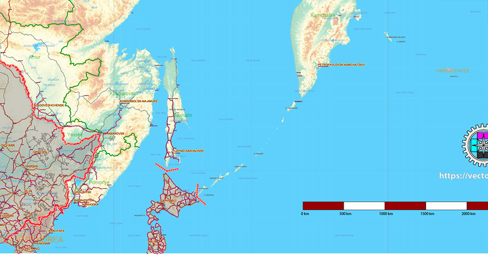 Russia Vector Map high detailed road map + Relief + admin areas + cities and main roads and railroads, water objects editable Layered Adobe Illustrator (English)