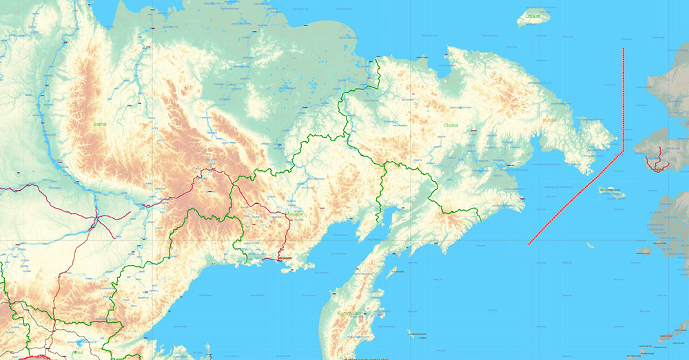 Russia Vector Map high detailed road map + Relief + admin areas + cities and main roads and railroads, water objects editable Layered Adobe Illustrator (English)