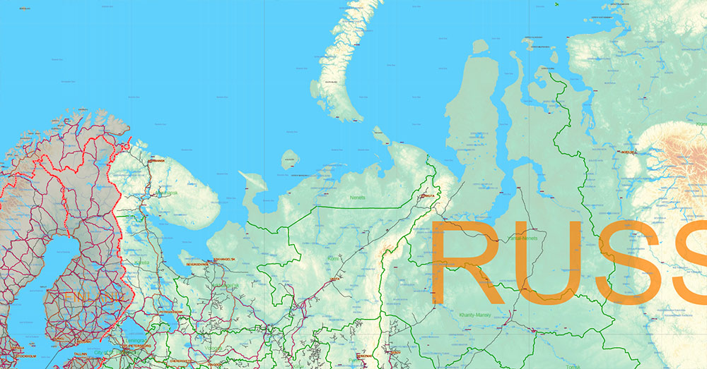 Russia Vector Map high detailed road map + Relief + admin areas + cities and main roads and railroads, water objects editable Layered Adobe Illustrator (English)