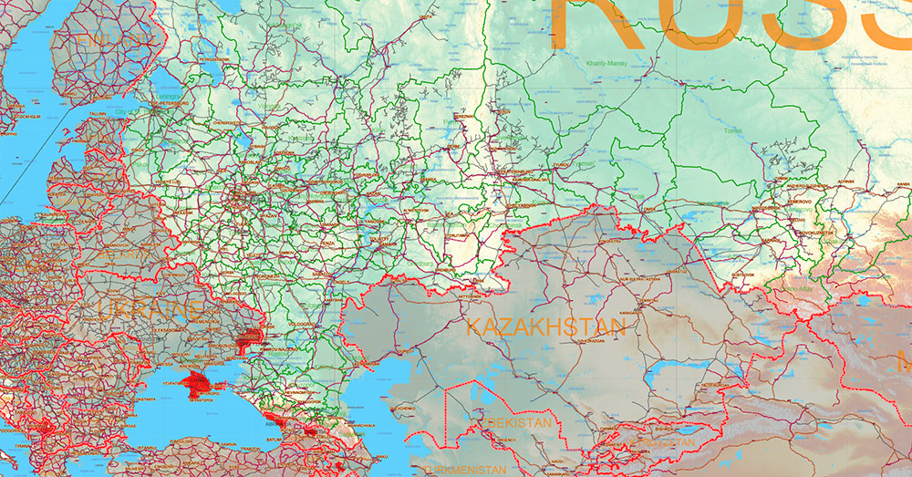 Russia Vector Map high detailed road map + Relief + admin areas + cities and main roads and railroads, water objects editable Layered Adobe Illustrator (English)
