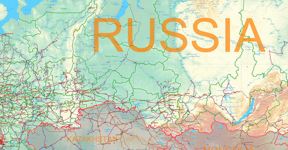 Russia Vector Map high detailed road map + Relief + admin areas + cities and main roads and railroads, water objects editable Layered Adobe Illustrator (English)