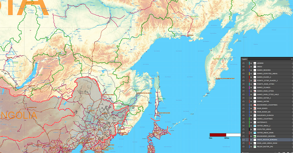 Russia Vector Map high detailed road map + Relief + admin areas + cities and main roads and railroads, water objects editable Layered Adobe Illustrator (English)