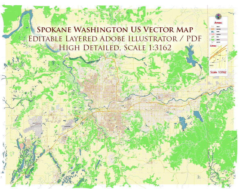 Spokane Washington US Map Vector High Detailed Street Map editable Adobe Illustrator in layers