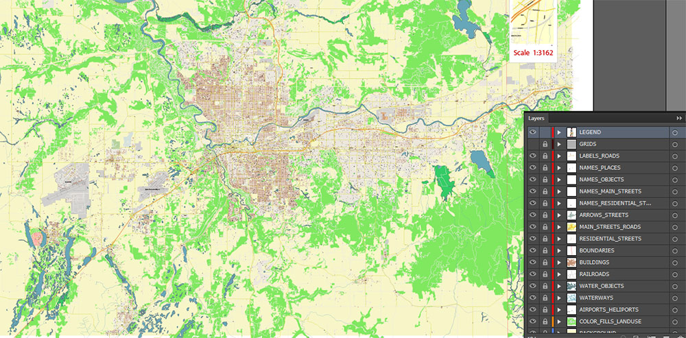 Spokane Washington US Map Vector High Detailed Street Map editable Adobe Illustrator in layers