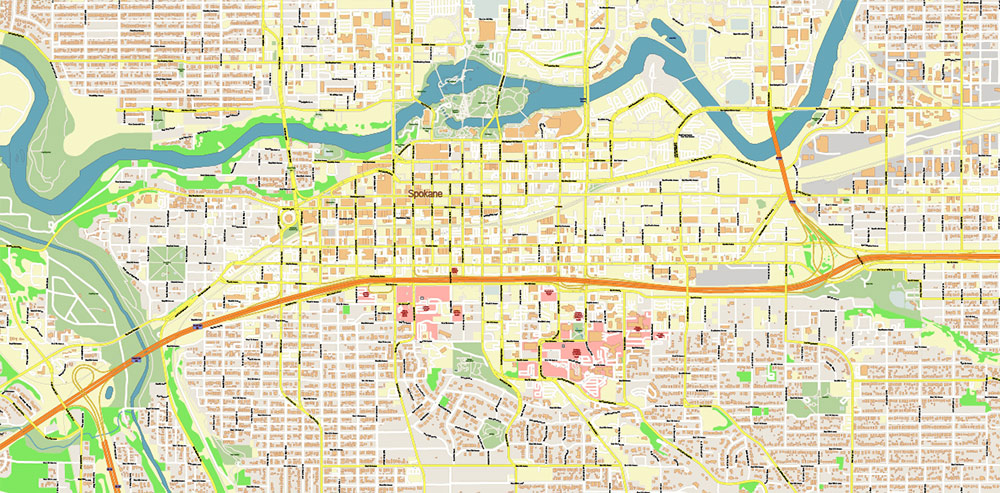 Spokane Washington US Map Vector High Detailed Street Map editable Adobe Illustrator in layers
