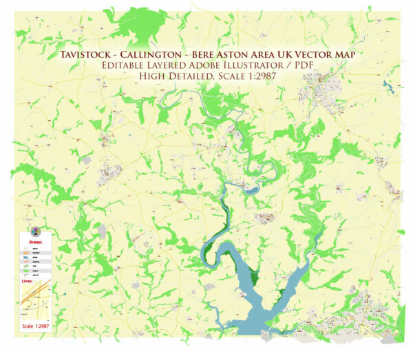 Tavistock - Callington Area UK Map Vector Exact High Detailed City Plan editable Adobe Illustrator Street Map in layers fully editable