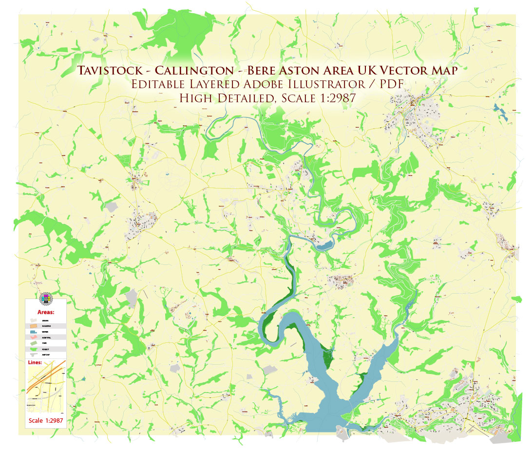 Tavistock - Callington Area UK Map Vector Exact High Detailed City Plan editable Adobe Illustrator Street Map in layers fully editable