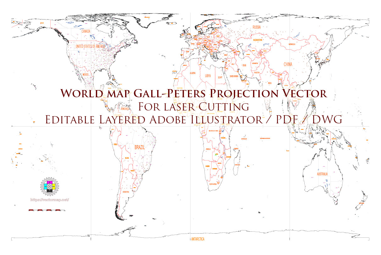 World Vector Map Gall-Peters Projection for Laser Cutting Ai PDF DWG DXF