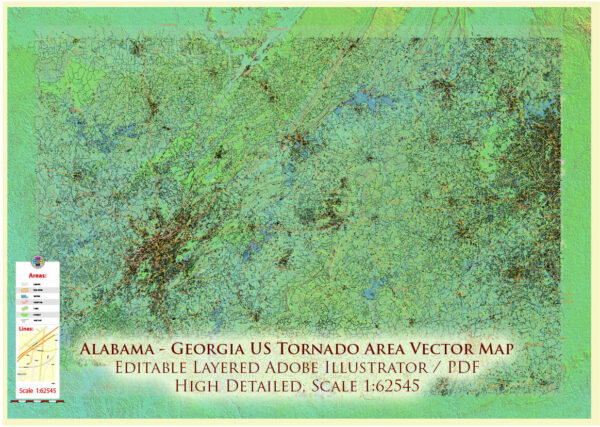Alabama - Georgia USA Tornado Area Vector Map: high detailed road map + Shaded Relief editable Adobe Illustrator