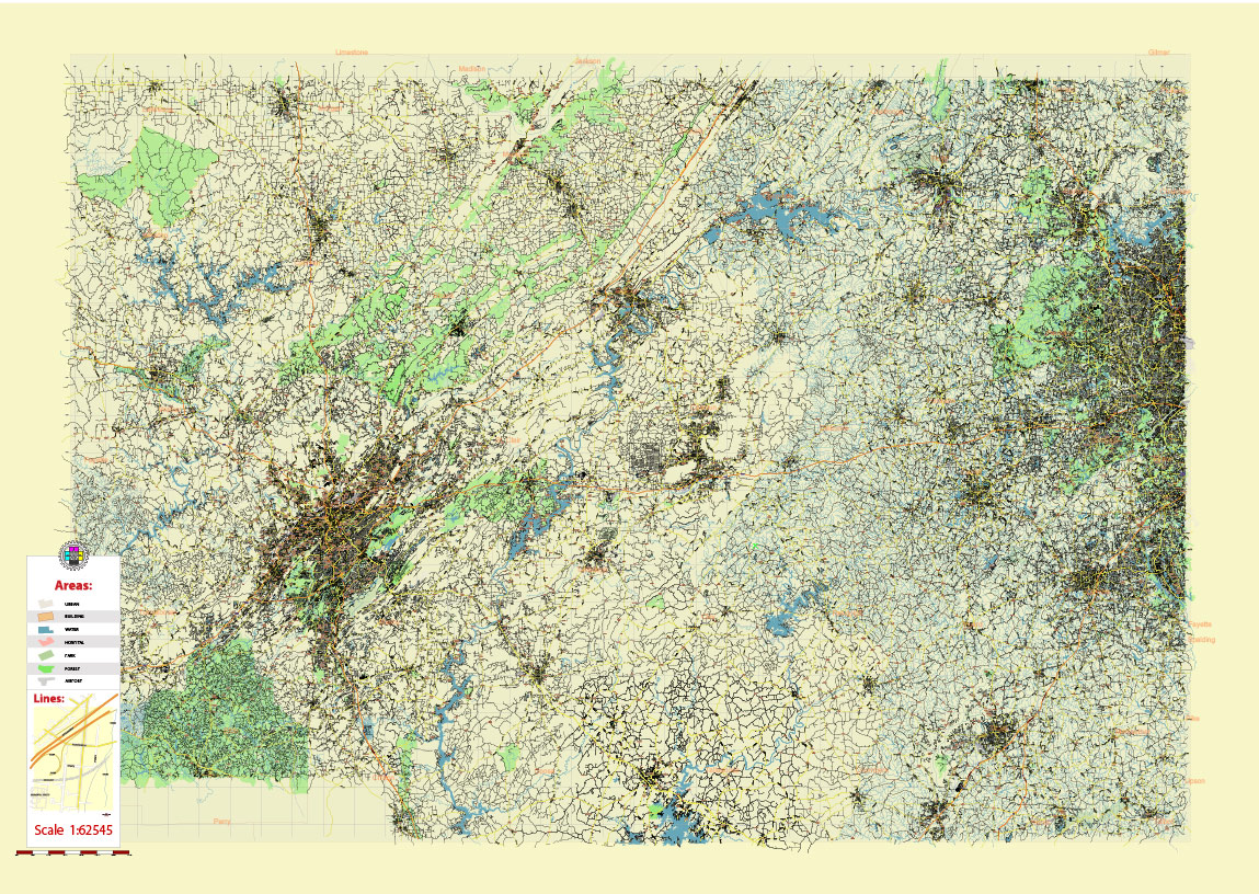 Alabama - Georgia USA Tornado Area Vector Map: high detailed road map + Shaded Relief editable Adobe Illustrator