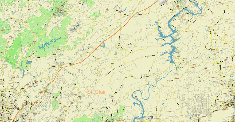 Alabama - Georgia USA Tornado Area Vector Map: high detailed road map + Shaded Relief editable Adobe Illustrator