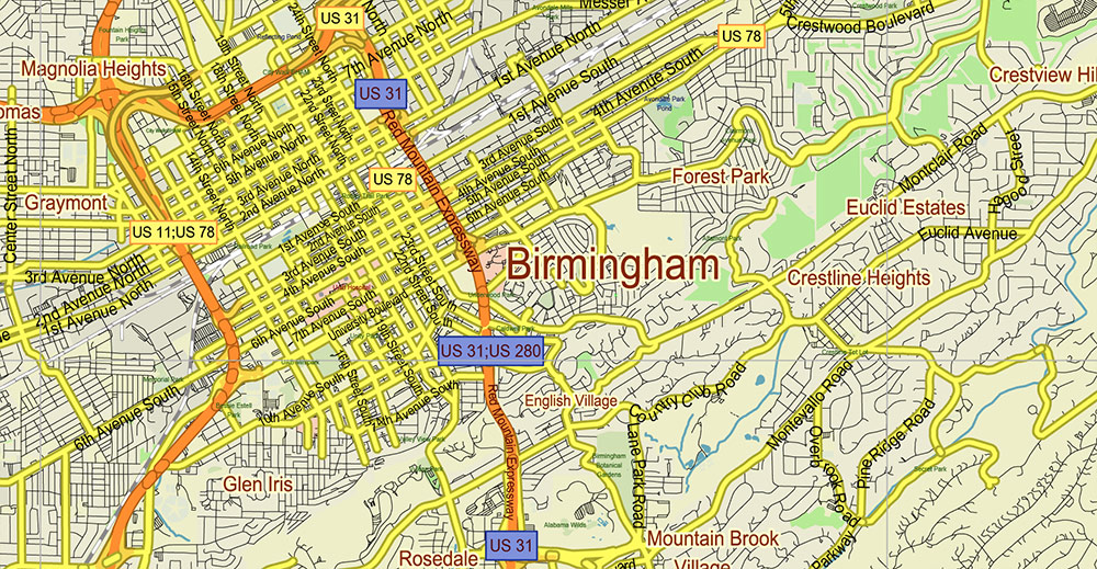 Alabama - Georgia USA Tornado Area Vector Map: high detailed road map + Shaded Relief editable Adobe Illustrator