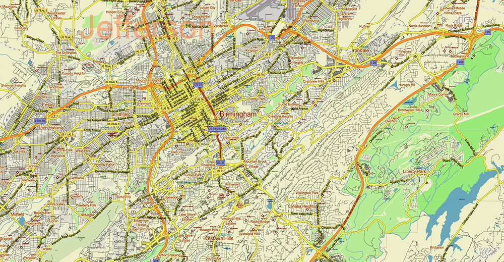 Alabama - Georgia USA Tornado Area Vector Map: high detailed road map + Shaded Relief editable Adobe Illustrator