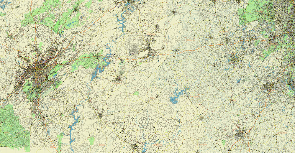 Alabama - Georgia USA Tornado Area Vector Map: high detailed road map + Shaded Relief editable Adobe Illustrator