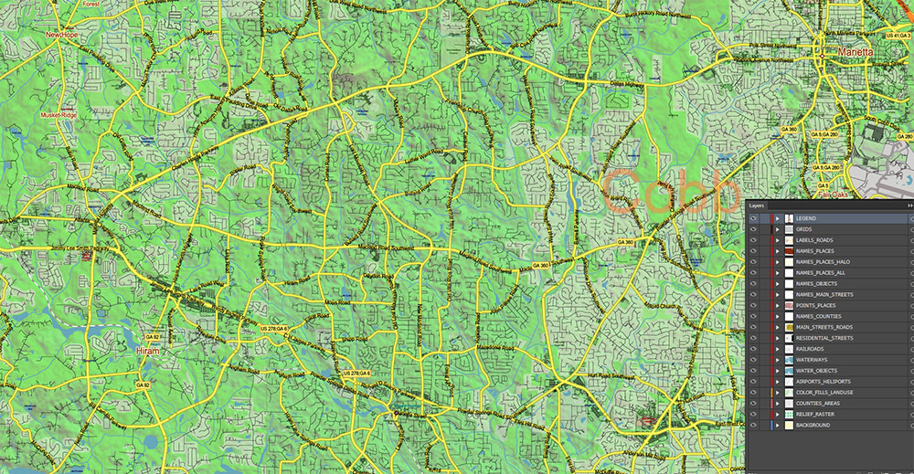 Alabama - Georgia USA Tornado Area Vector Map: high detailed road map + Shaded Relief editable Adobe Illustrator