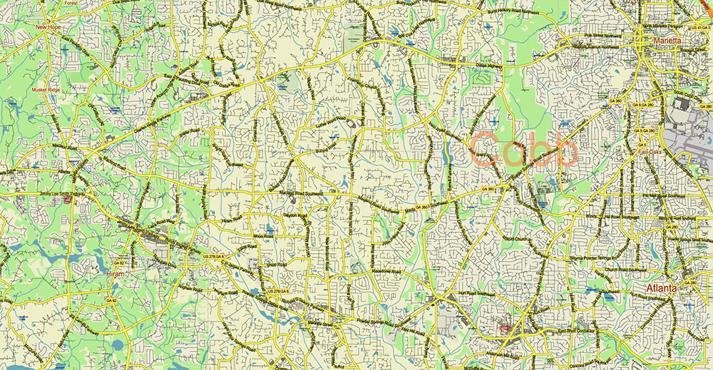 Alabama - Georgia USA Tornado Area Vector Map: high detailed road map + Shaded Relief editable Adobe Illustrator