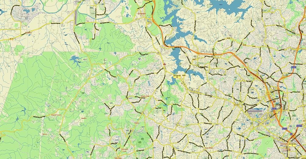 Alabama - Georgia USA Tornado Area Vector Map: high detailed road map + Shaded Relief editable Adobe Illustrator