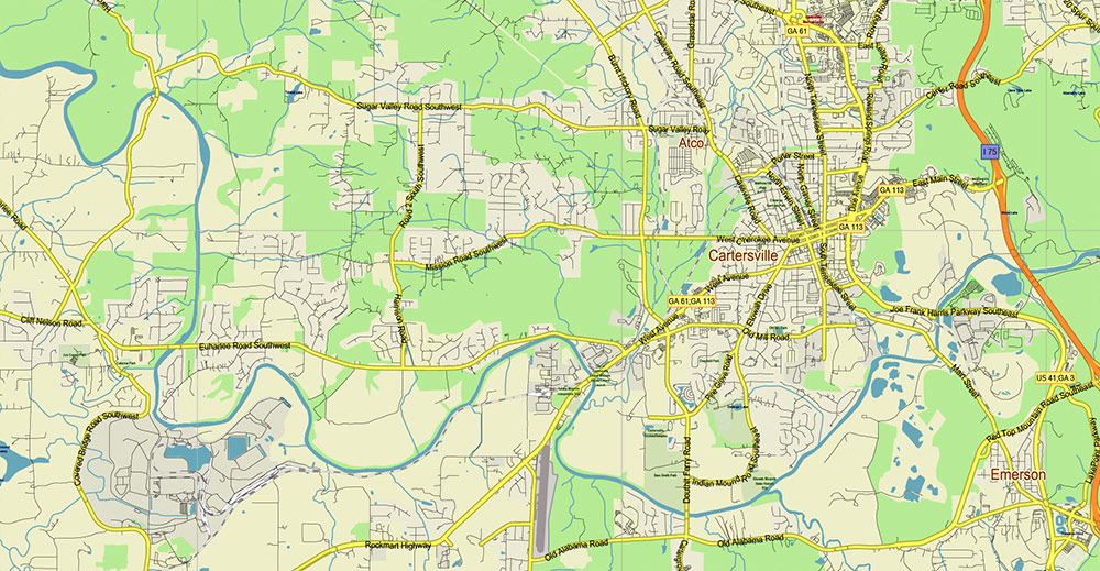 Alabama - Georgia USA Tornado Area Vector Map: high detailed road map + Shaded Relief editable Adobe Illustrator