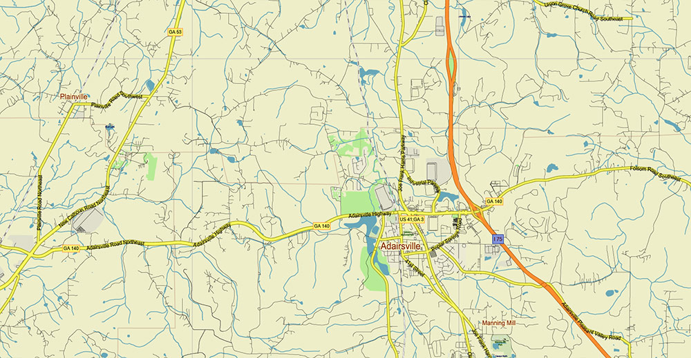 Alabama - Georgia USA Tornado Area Vector Map: high detailed road map + Shaded Relief editable Adobe Illustrator