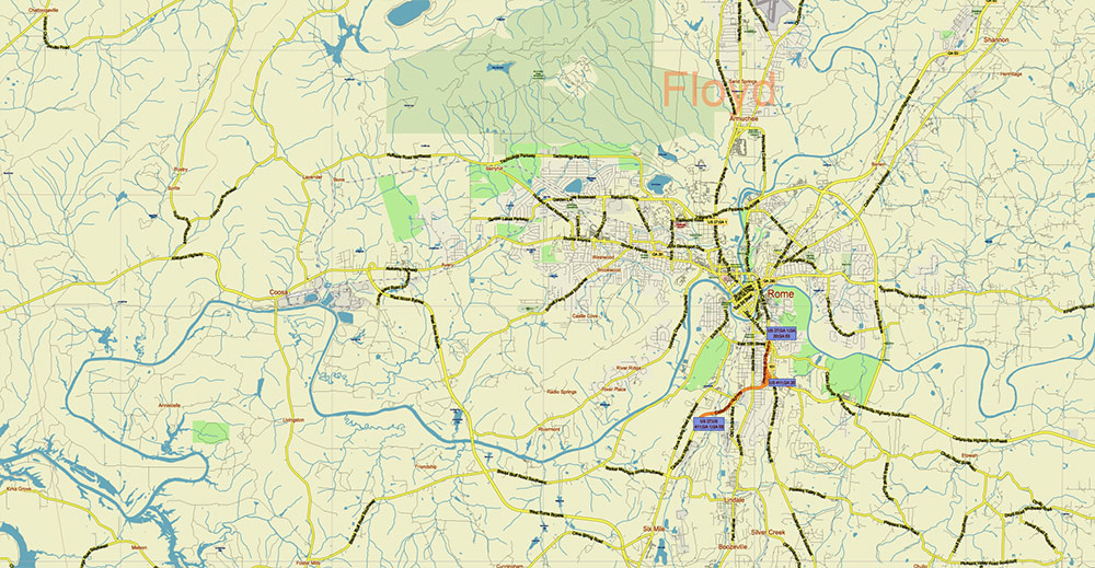 Alabama - Georgia USA Tornado Area Vector Map: high detailed road map + Shaded Relief editable Adobe Illustrator