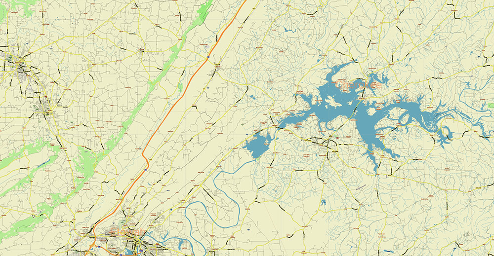 Alabama - Georgia USA Tornado Area Vector Map: high detailed road map + Shaded Relief editable Adobe Illustrator