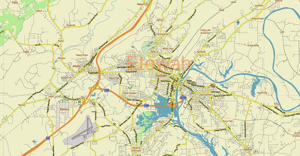 Alabama - Georgia USA Tornado Area Vector Map: high detailed road map + Shaded Relief editable Adobe Illustrator