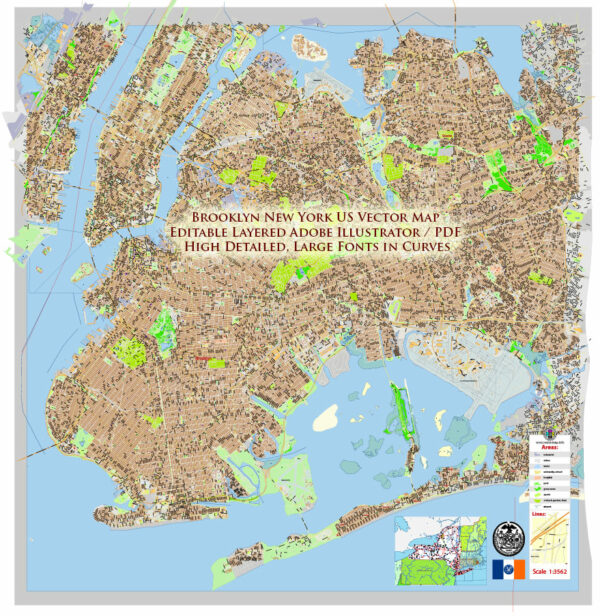 Brooklyn New York US Map Vector Exact City Plan extra detailed Street Map Large Fonts editable Adobe Illustrator in layers