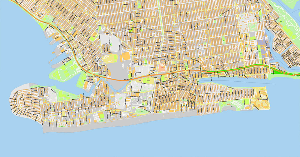 Brooklyn New York US Map Vector Exact City Plan extra detailed Street Map Large Fonts editable Adobe Illustrator in layers