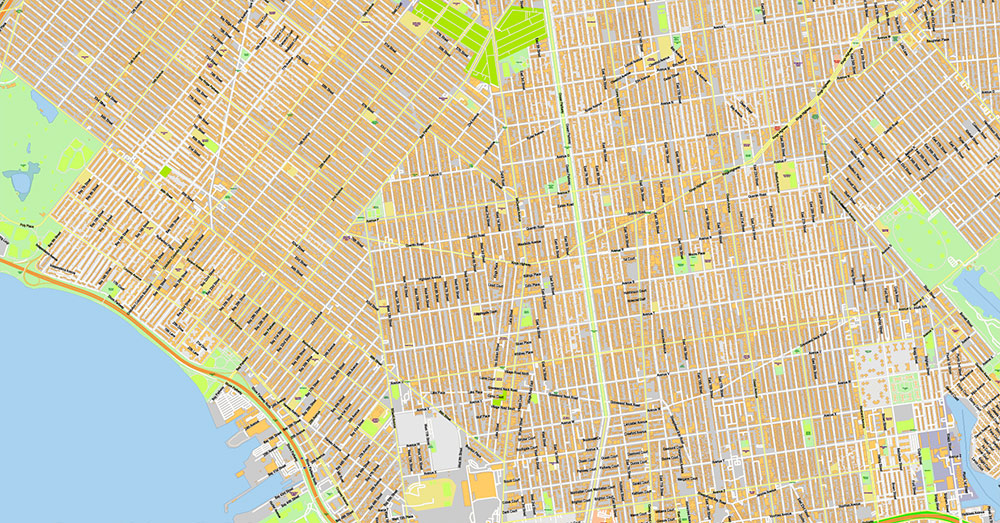 Brooklyn New York US Map Vector Exact City Plan extra detailed Street Map Large Fonts editable Adobe Illustrator in layers
