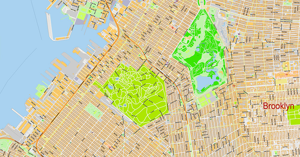Brooklyn New York US Map Vector Exact City Plan extra detailed Street Map Large Fonts editable Adobe Illustrator in layers