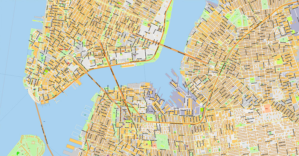 Brooklyn New York US Map Vector Exact City Plan extra detailed Street Map Large Fonts editable Adobe Illustrator in layers